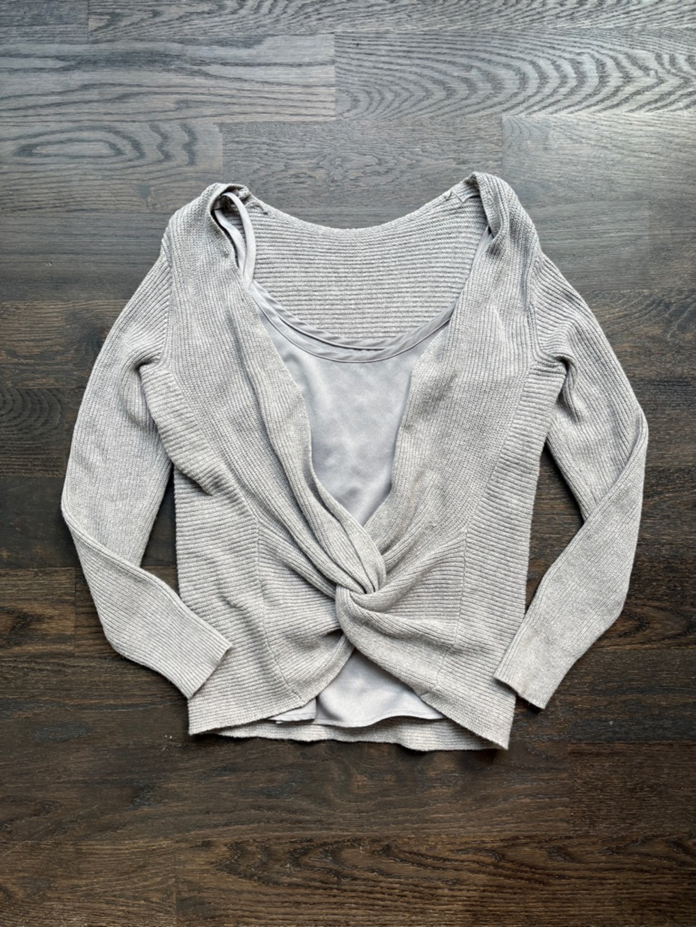 White House Black Market Light Gray Twist-Front Scoop Neck Sweater